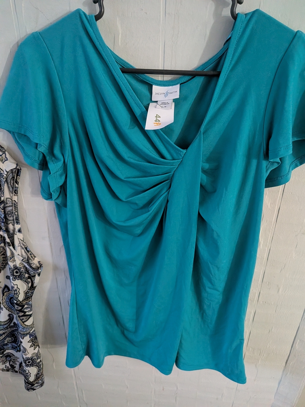 Jaclyn Smith Teal Ruched V-Neck Short Sleeve Blouse